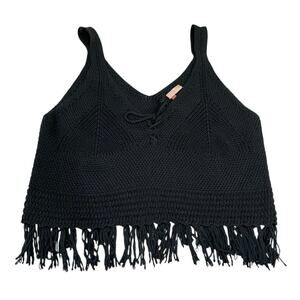 Anthropologie Pilcro Fringe Sweater Tank 1X Crochet Cropped Boho Festival Black